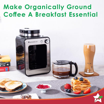 Wonderchef Regalia Bean-to-Cup Brew Coffee Maker with Grinder | Grind Coffee Beans | Get Fresh Aromatic Powder | Brew 4 cups | Glass Carafe | Easy Control Dial | 2 Years Warranty | Steel