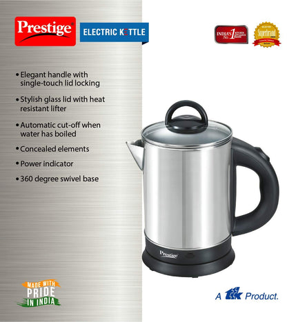 Prestige 1.7L PKGSS Stainless Steel Electric Kettle | 1350 Watts | Glass Lid with heat resistent handle | Single Touch lid locking |Automatic Cut Off | Silver