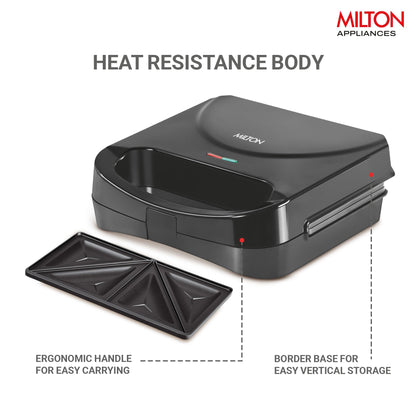 Milton Sandwich Maker HSM011, Sandwich Griller and Toaster, 750 Watt Sandwich Maker Electric Griller for Home, Non Stick Coated Dual Grill Sandwich Plates for Sandwiches, 2 Year Warranty, Black