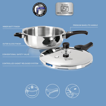 Milton Pro Cook Induction Cookware & Gas Stove Friendly Triply Stainless Steel Pressure Cooker 4.5 Litre | Outer Lid | Deep Fry Pan | ISI Certified | 100% Toxin-Free | Durable | 5Y Warranty | Silver