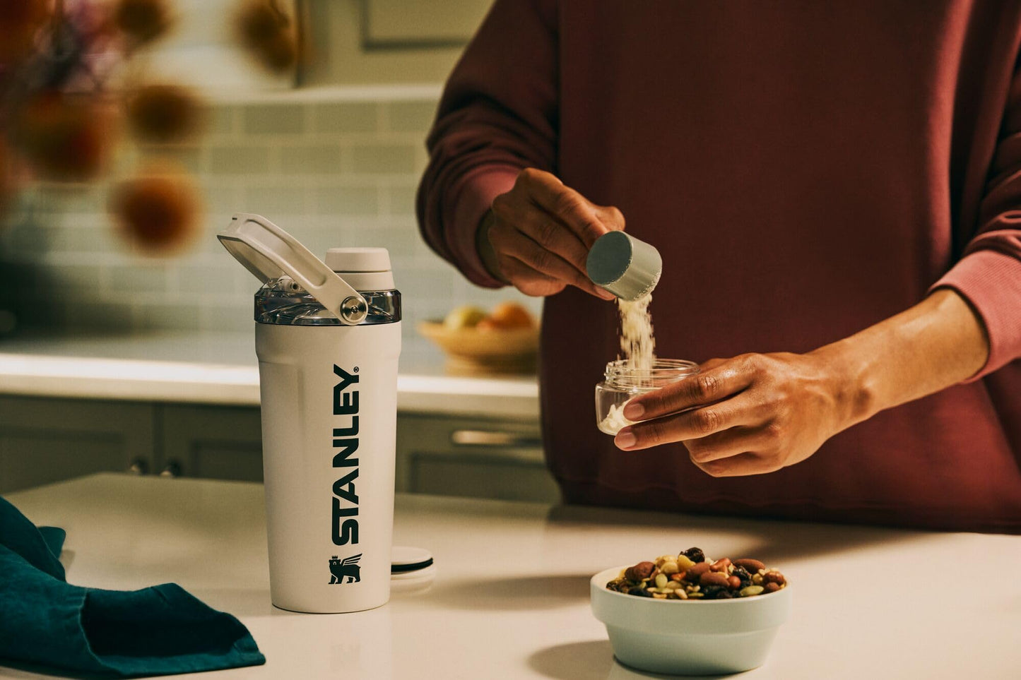 Stanley Activate Shaker Bottle 20 oz | Leakproof Insulated Stainless Steel Shaker Cup | Base Storage and Twist On Fast Flow Lid | Protein Shakes and Pre Workout Powder | BPA-Free | Chili Red