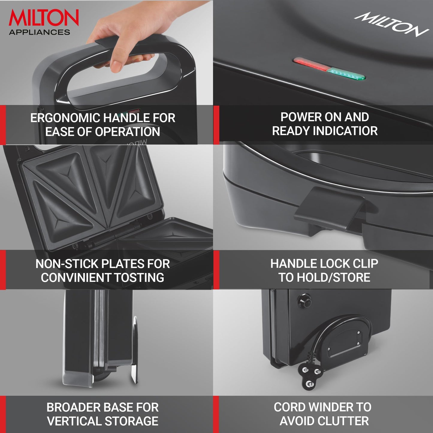 Milton Sandwich Maker HSM011, Sandwich Griller and Toaster, 750 Watt Sandwich Maker Electric Griller for Home, Non Stick Coated Dual Grill Sandwich Plates for Sandwiches, 2 Year Warranty, Black