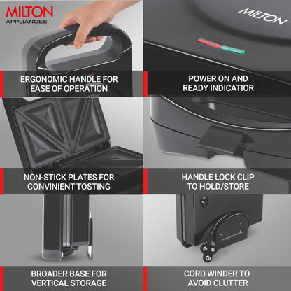 Milton Sandwich Maker HSM011, Sandwich Griller and Toaster, 750 Watt Sandwich Maker Electric Griller for Home, Non Stick Coated Dual Grill Sandwich Plates for Sandwiches, 2 Year Warranty, Black
