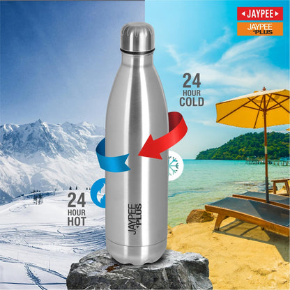 Jaypee Plus Alpha Vaccum Insulated Double Wall Thermosteel Flask 1000 ml Water Bottle ISI Certified 24 Hours Hot and Cold Water Bottle for School,Office,Gym, Leakproof, Rustproof Steel Bottle,Black