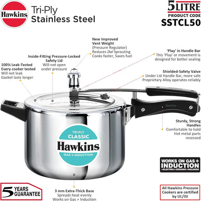 Hawkins Classic 5 Litre Tri-Ply Pressure Cooker, Triply Stainless Steel Inner Lid Cooker, Silver 