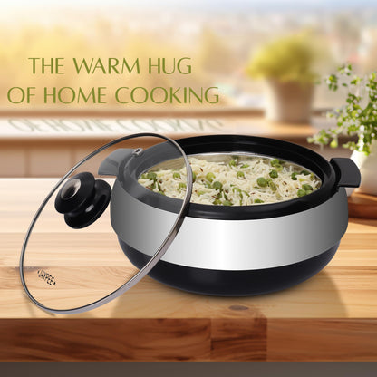 Jaypee Glasserol Serving Casserole Set of 3 Inner Stainless Steel Toughened Glass Lid PUF Insulated Hot Box | Roti Box | Easy to carry | Food Grade | Stackable | 800,1200,1700 ml, Black