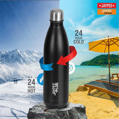 Jaypee Plus Alpha Vaccum Insulated Double Wall Thermosteel Flask 1000 ml Water Bottle ISI Certified 24 Hours Hot and Cold Water Bottle for School,Office,Gym, Leakproof, Rustproof Steel Bottle,Black