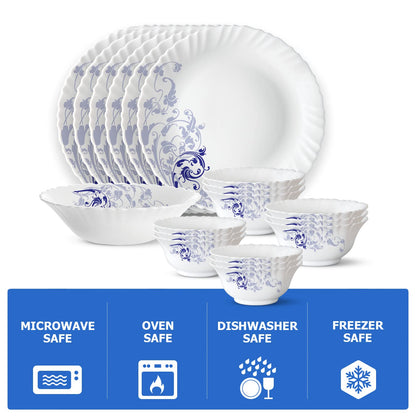 Larah by Borosil Silk Series Opalware Dinner Set | 19 Pieces for Family of 6 | Microwave & Dishwasher Safe | Bone-Ash Free | Crockery Set for Dining & Gifting | Plates & Bowls (Blue Eve)