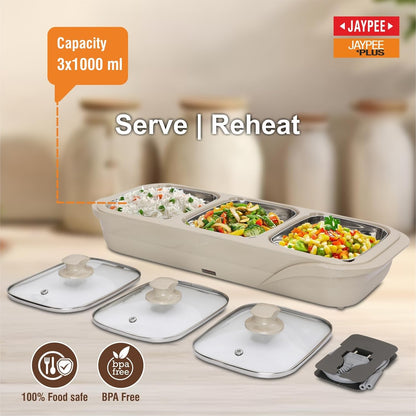 Jaypee Plus E-3 Bowl Electrical Serving Casserole Chafing Dish,1000ml Each |Stainless Steel 3 Dish Food Buffet Server |3 in 1 Electiric Bowl for Reheating Food, Beige