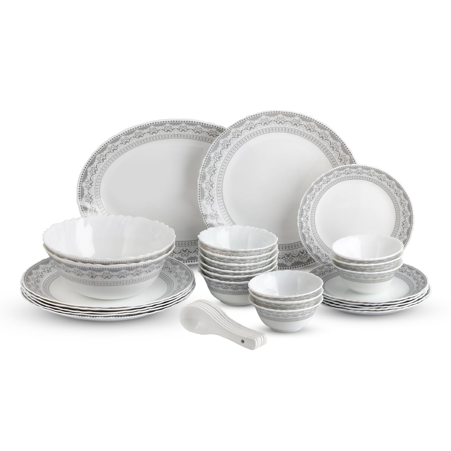 CELLO Oxford Imperial Plus Series Opalware Dinner Set of 33 Piece For Family of 6 | Bone-Ash Free & Leadfree Opal Glass Microwave & Dishwasher Safe, Crockery Plates & Bowls Set For Daily Use & Gifting
