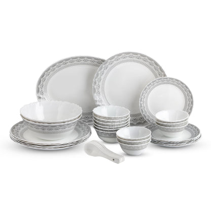 CELLO Oxford Imperial Plus Series Opalware Dinner Set of 33 Piece For Family of 6 | Bone-Ash Free & Leadfree Opal Glass Microwave & Dishwasher Safe, Crockery Plates & Bowls Set For Daily Use & Gifting
