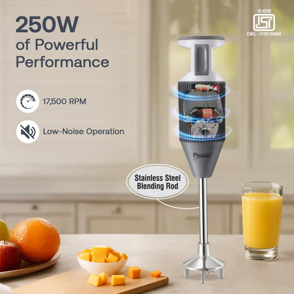 Prestige Grey Steel Shaft 250W Electric Hand Blender|Blade Shield|versatile Blades for multiple tasks|Dual hot & cold blending|Wall mounting