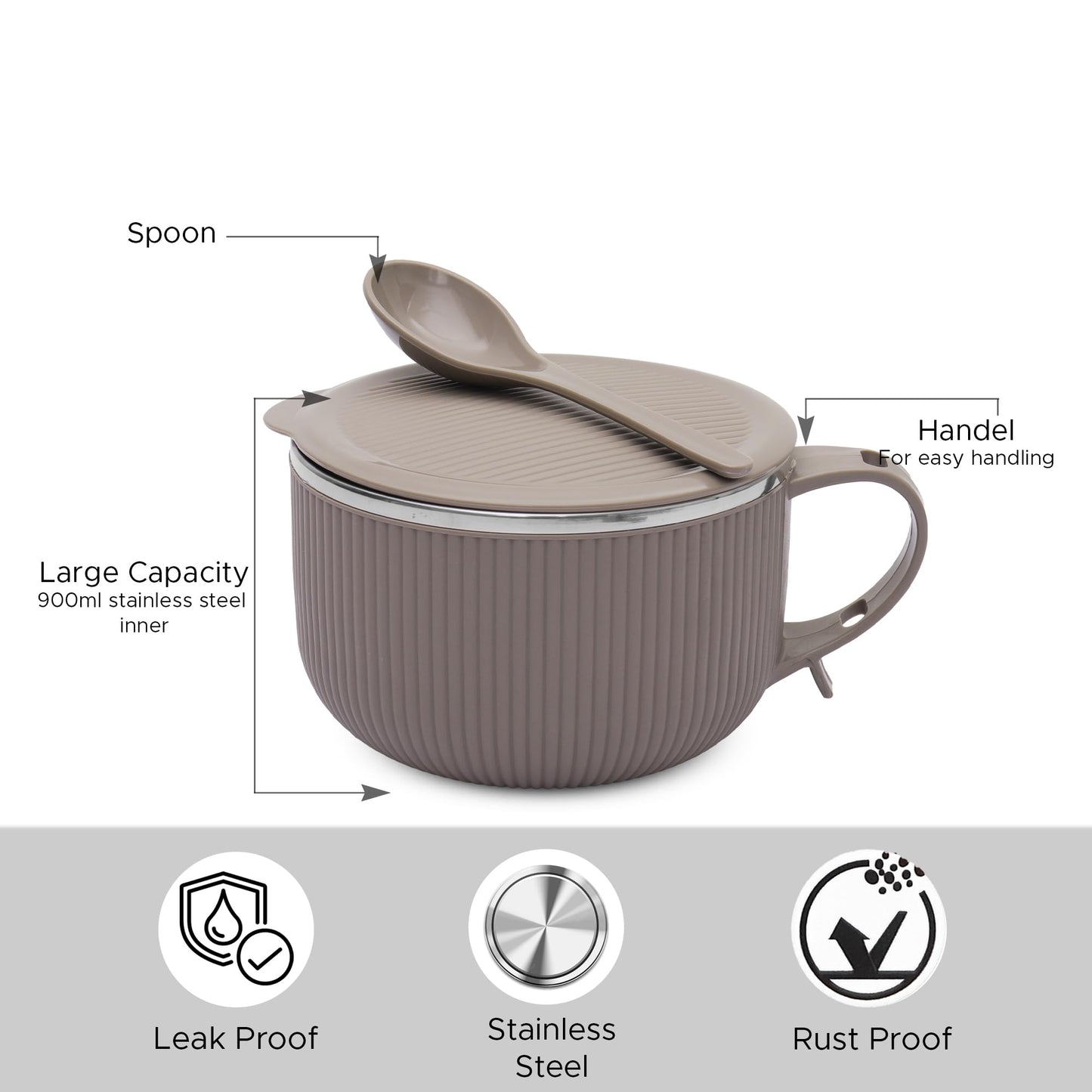 Jaypee Plus Stainless Steel Soup Bowl with Lid & Spoon Holder Souptok, Maggi Bowl Noodles Pasta Bowl, Mug for Milk, Best Diwali Gift, Mug for Kids, Girls, Boys, Birthday, Ivory 700 ml