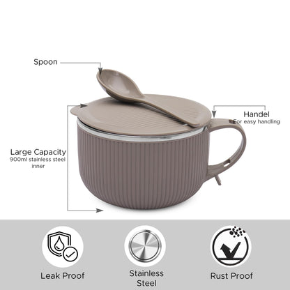 Jaypee Plus Stainless Steel Soup Bowl with Lid & Spoon Holder Souptok, Maggi Bowl Noodles Pasta Bowl, Mug for Milk, Best Diwali Gift, Mug for Kids, Girls, Boys, Birthday, Ivory 700 ml