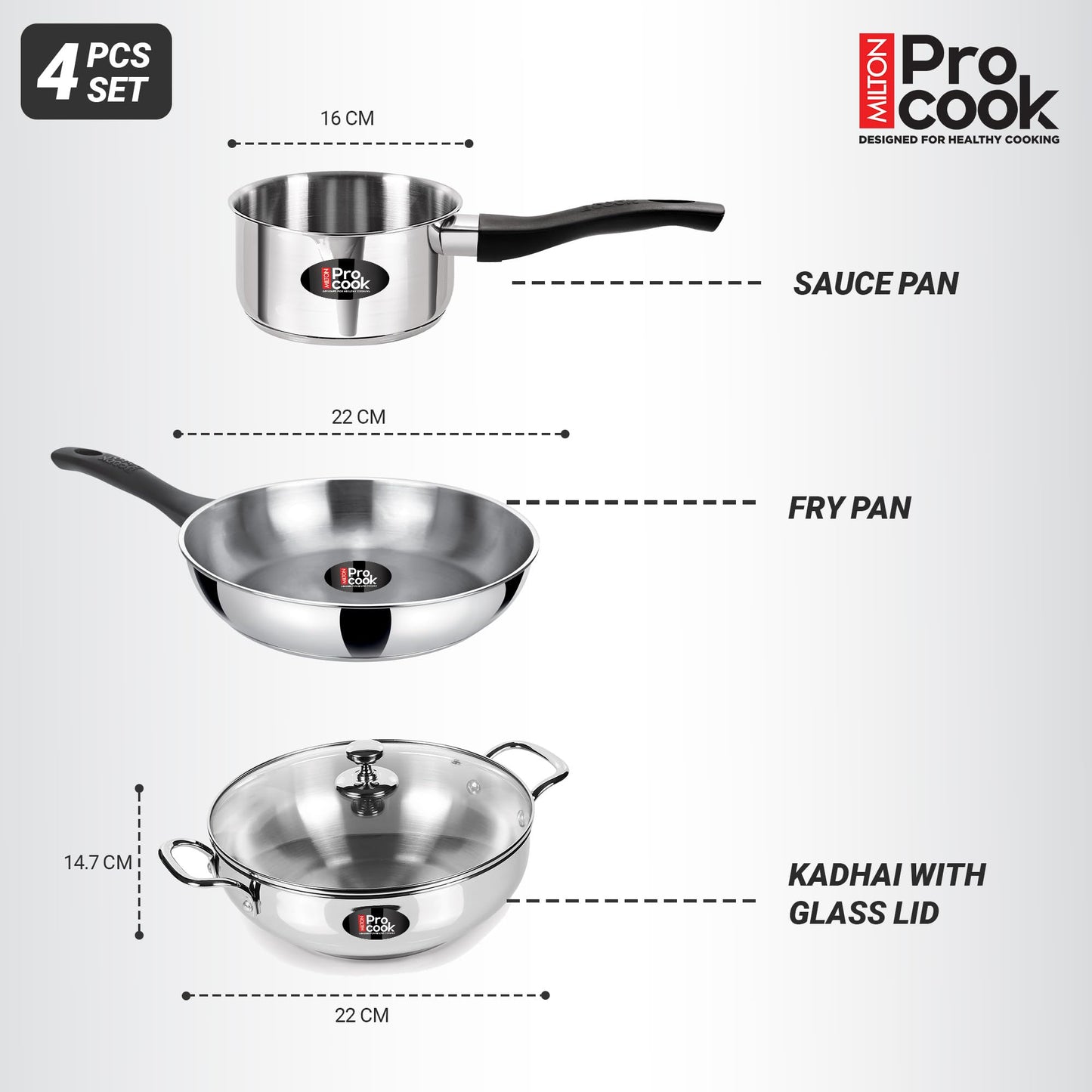 Milton Pro Cook Induction Cookware & Gas Stove Friendly Stainless Steel Sandwich Bottom 4 Pc Kitchen Set | Cooking Pan | Sauce Pan | Kadhai with Lid | Durable Cookware Set | 2 Year Warranty