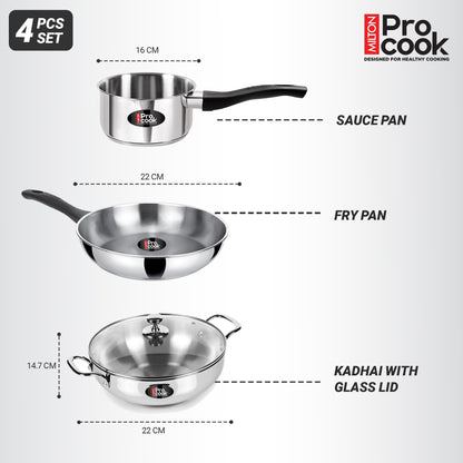 Milton Pro Cook Induction Cookware & Gas Stove Friendly Stainless Steel Sandwich Bottom 4 Pc Kitchen Set | Cooking Pan | Sauce Pan | Kadhai with Lid | Durable Cookware Set | 2 Year Warranty