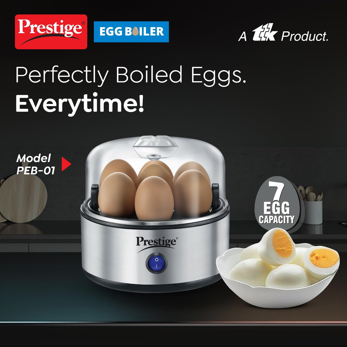 Prestige Egg Boiler PEB-01 | 350-Watt | Boils 7 Eggs at Once | One-Touch Operation | Stainless Steel Body & Heating Plate | Auto Switch-Off for Safe Cooking| Electric