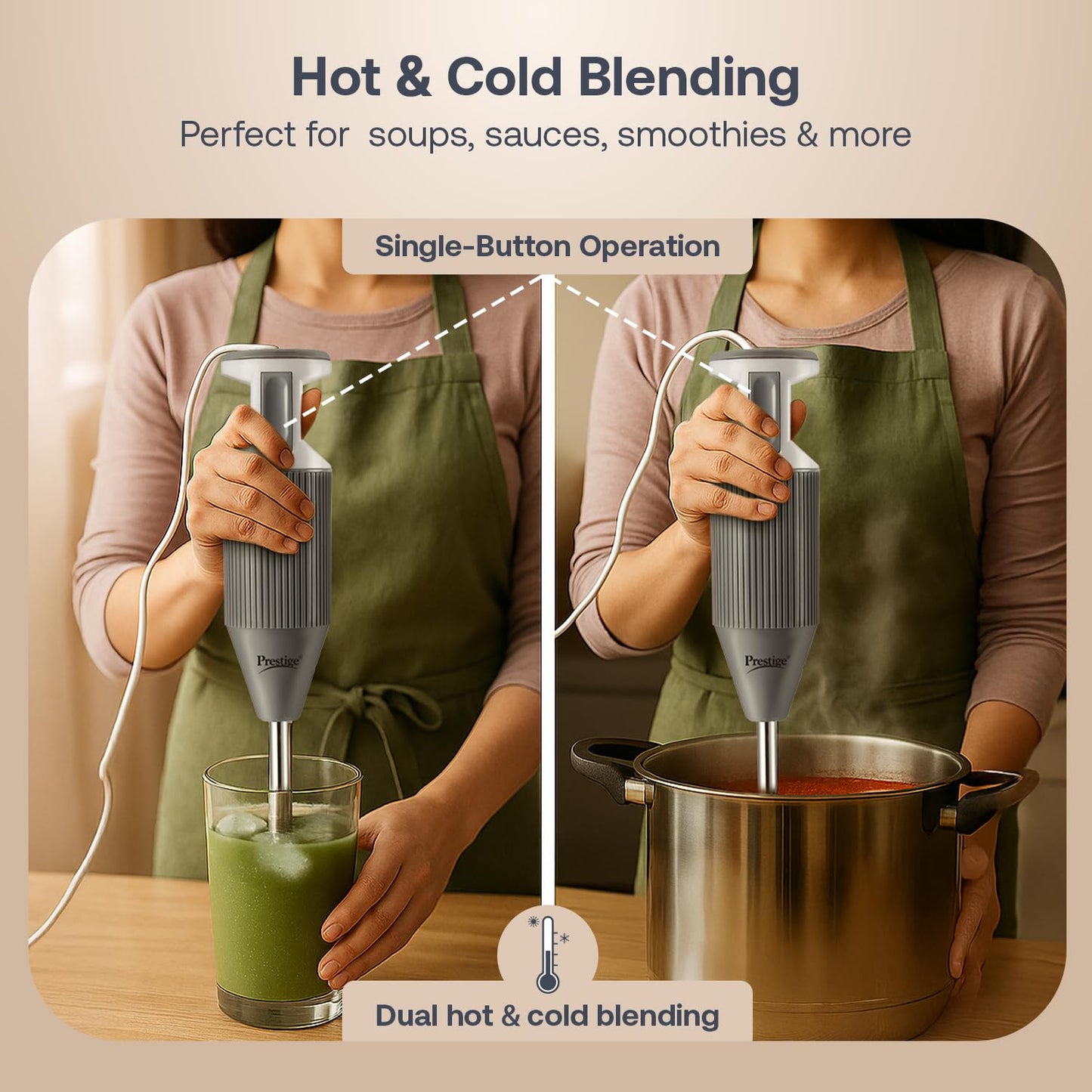 Prestige Grey Steel Shaft 250W Electric Hand Blender|Blade Shield|versatile Blades for multiple tasks|Dual hot & cold blending|Wall mounting