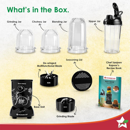 Wonderchef Nutri-blend 500W Mixer Grinder, 22000 RPM Motor, Smoothie Maker, Masala Grinder, Chutney Blender, 3 Unbreakable Jars & Sipper Jar, Recipe Book by Chef Sanjeev Kapoor, 2 Yr Warranty, Black