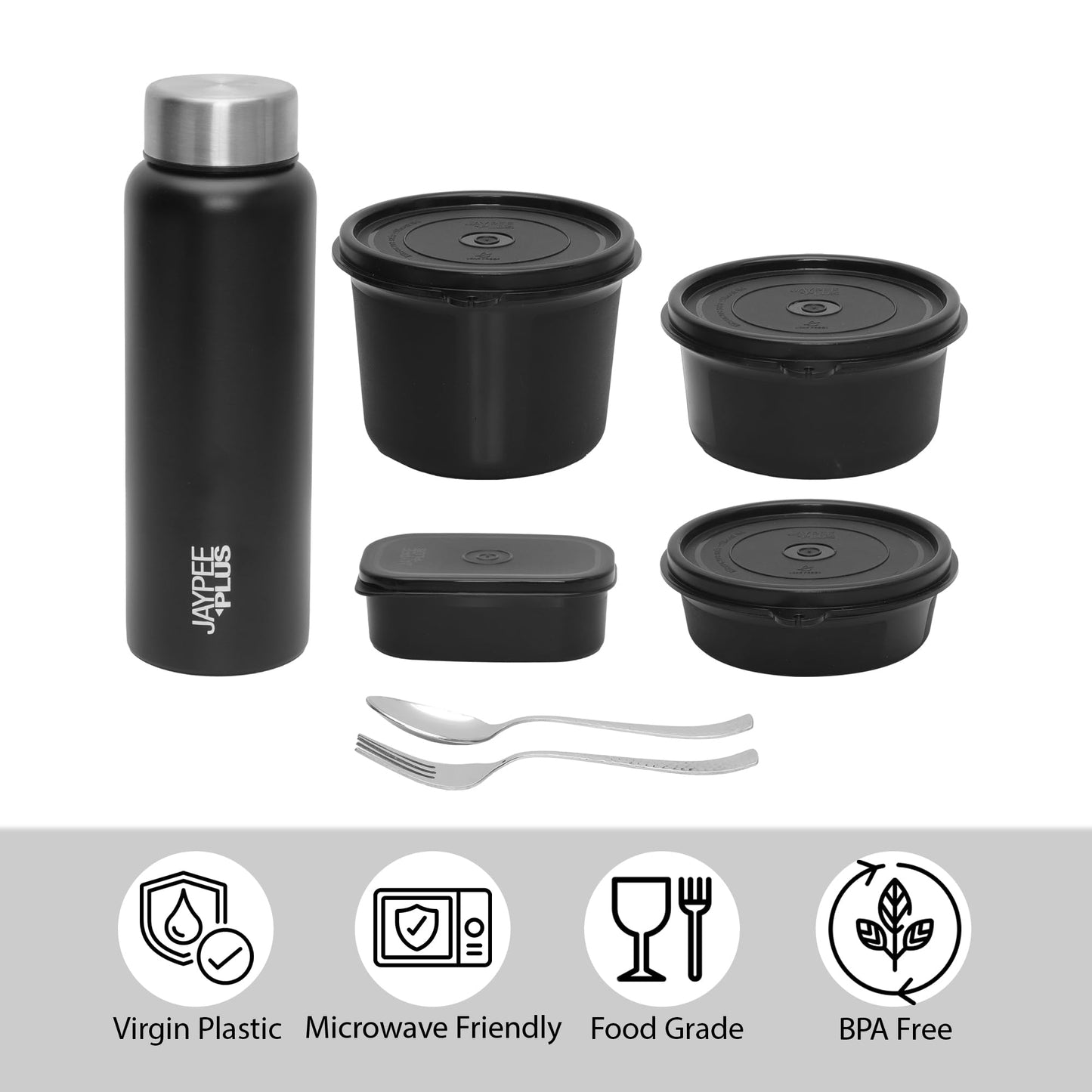 Jaypee Plus Meal Plus 1390 ml Stainless Steel Office Lunch Box | BPA Free, Microwave Safe & Spillproof Airtight 4 Containers | Includes Bottle, Spoon, Fork & Bag | Ideal for College & School (Black)