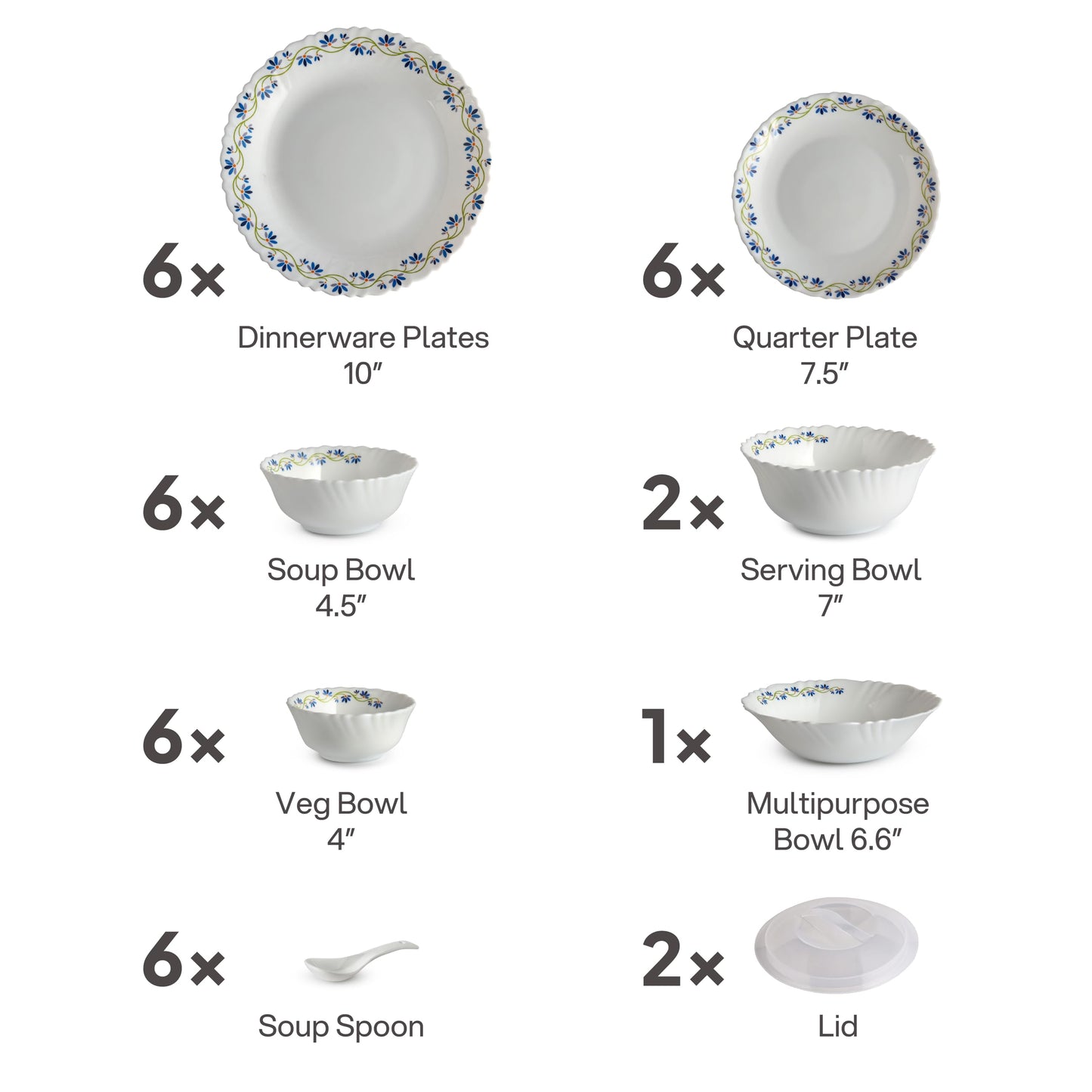 Cello Opalware Dazzle Series Morning Glory Dinner Set, 35 Units | Opal Glass Crockery for 6 | Microwave & Dishwasher Safe | Light-Weight & Thermal Resistant | Crockery Set for Dining & Gifting