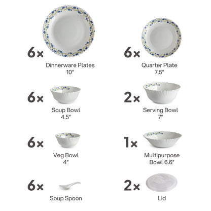 Cello Opalware Dazzle Series Morning Glory Dinner Set, 35 Units | Opal Glass Crockery for 6 | Microwave & Dishwasher Safe | Light-Weight & Thermal Resistant | Crockery Set for Dining & Gifting