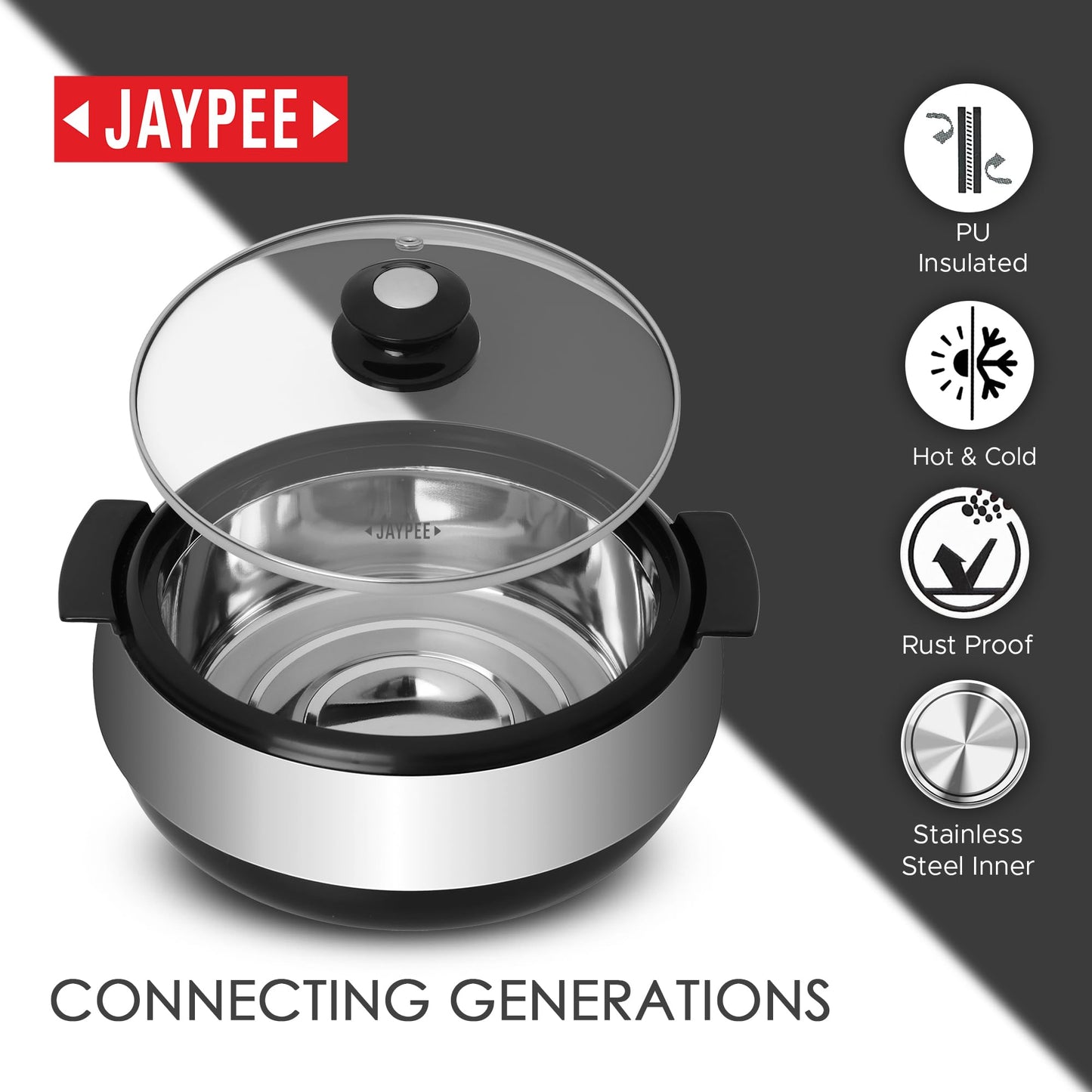 Jaypee Glasserol 1200 ml Stainless Steel Serving Casserole Set | Rustproof Casserole | Toughened Glass Lid PUF Insulated - (Black)