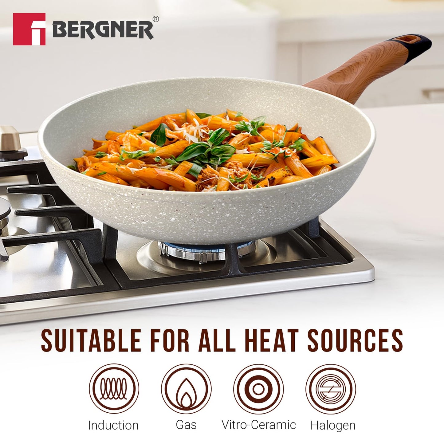 BERGNER Ivory Granite Non-Stick 24cm Frypan, 3-Layer Marble Healthy Coating, Frying Pan with Wooden Soft Touch Rivetless Handle, PFOA Free, Less Oil, Forged Aluminium - Induction and Gas Stove Ready