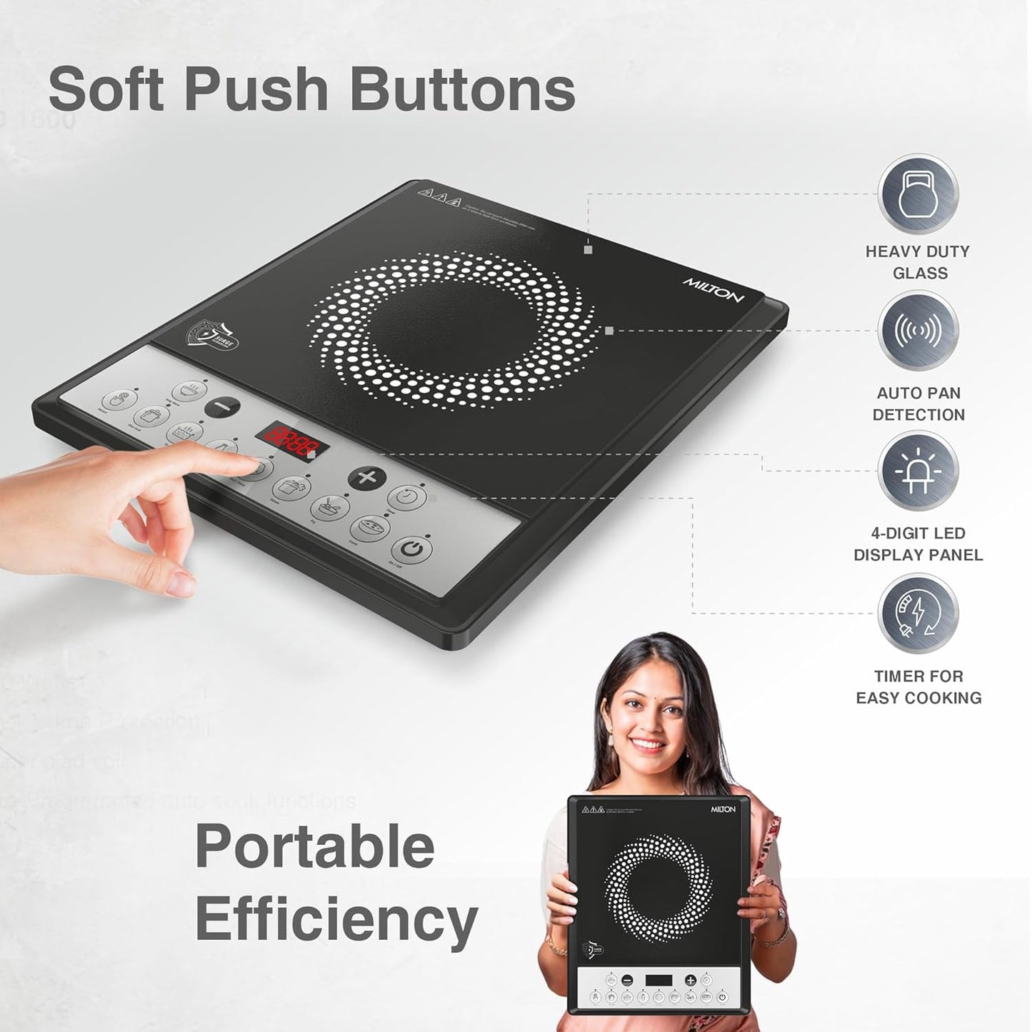 Milton Euroline Elio 16.0 Portable 1600 W Induction Cooktop | LED Display Panel, 5KV Surge Protection | Timer & Preset Menu Functions | Soft Touch Buttons | Fast Cooking | 3-Year Warranty on Coil