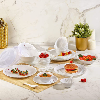 Cello Opalware Dazzle Series Lush Fiesta 35 Piece Dinner Set Serving for 6 | Bone Ash-Free | Lightweight, Elegant White Plates & Bowls Set | Opal Glass Crockery Set for Daily Use Dinning & Gifting