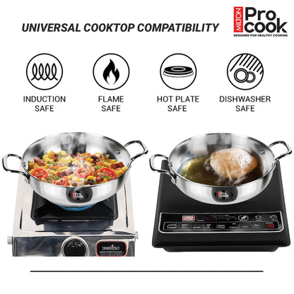 Milton Pro Cook Induction Cookware & Gas Stove Friendly Stainless Steel Sandwich Bottom 4 Pc Kitchen Set | Cooking Pan | Sauce Pan | Kadhai with Lid | Durable Cookware Set | 2 Year Warranty
