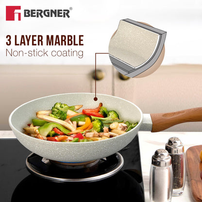BERGNER Ivory Granite Non-Stick 24cm Frypan, 3-Layer Marble Healthy Coating, Frying Pan with Wooden Soft Touch Rivetless Handle, PFOA Free, Less Oil, Forged Aluminium - Induction and Gas Stove Ready
