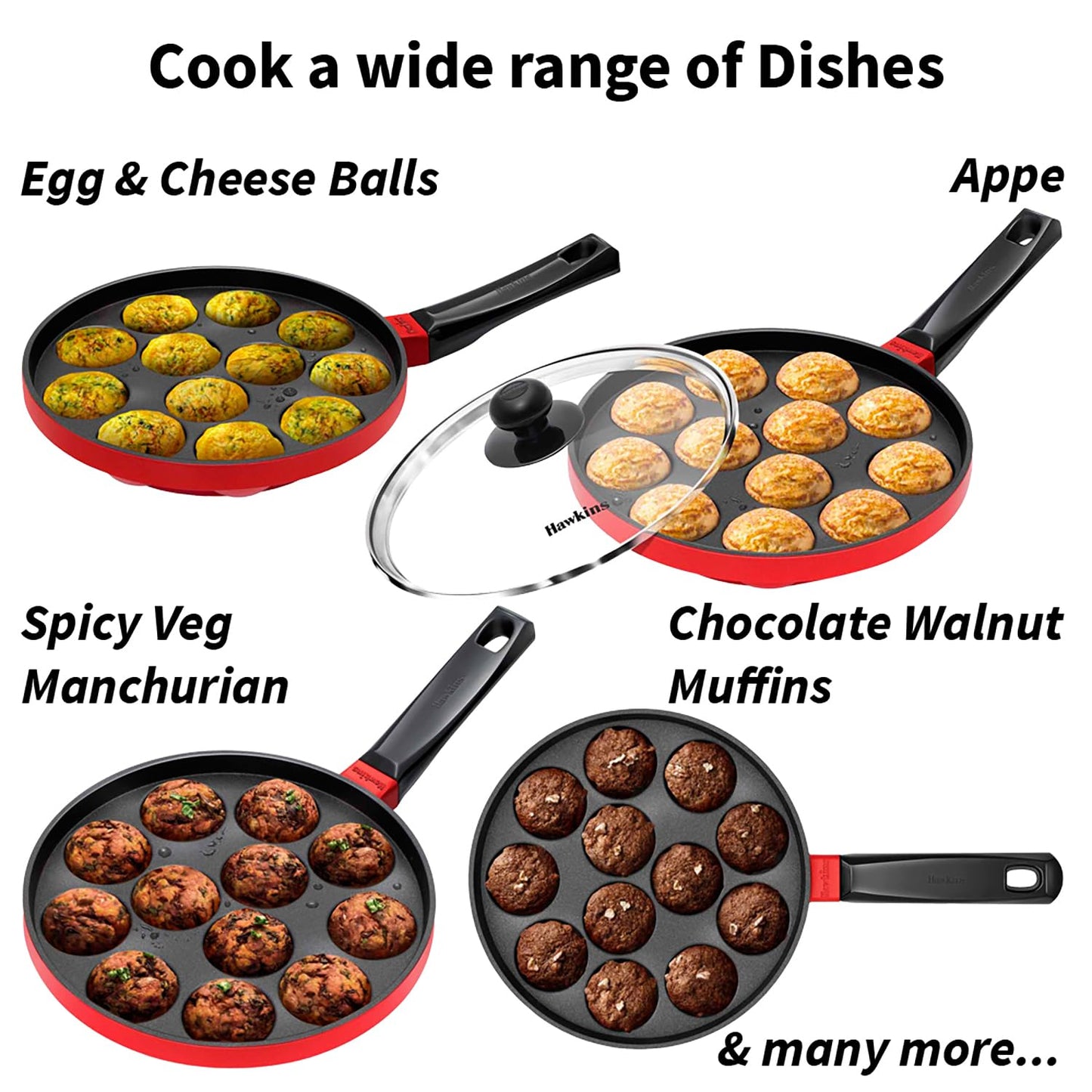 Hawkins Nonstick Appe Pan with Glass Lid, 12 Cups, Diameter 20 cm, Black , Cast Aluminium, Red (NAPE20G)