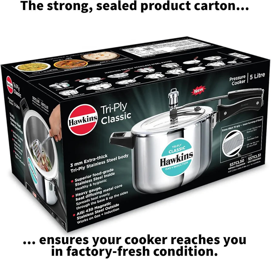 Hawkins Classic 5 Litre Tri-Ply Pressure Cooker, Triply Stainless Steel Inner Lid Cooker, Silver 