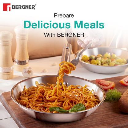Bergner TriPro 3 Pcs Tri-Ply Stainless Steel Induction Bottom Cookware Set - 22cm (2L) Kadai and 22cm (1L) Frypan, 14cm (1.1L) Teapan, Less Oil Use, Easy to Clean - Induction and Gas Stove Ready