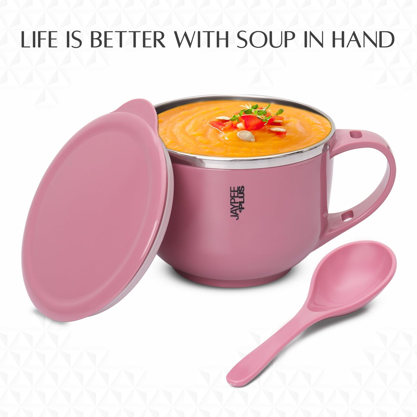 Jaypee Plus Stainless Steel Soup Bowl with Lid & Spoon Holder Souptok, Maggi Bowl Noodles Pasta Bowl, Mug for Milk, Best Diwali Gift, Mug for Kids, Girls, Boys, Birthday, Ivory 700 ml