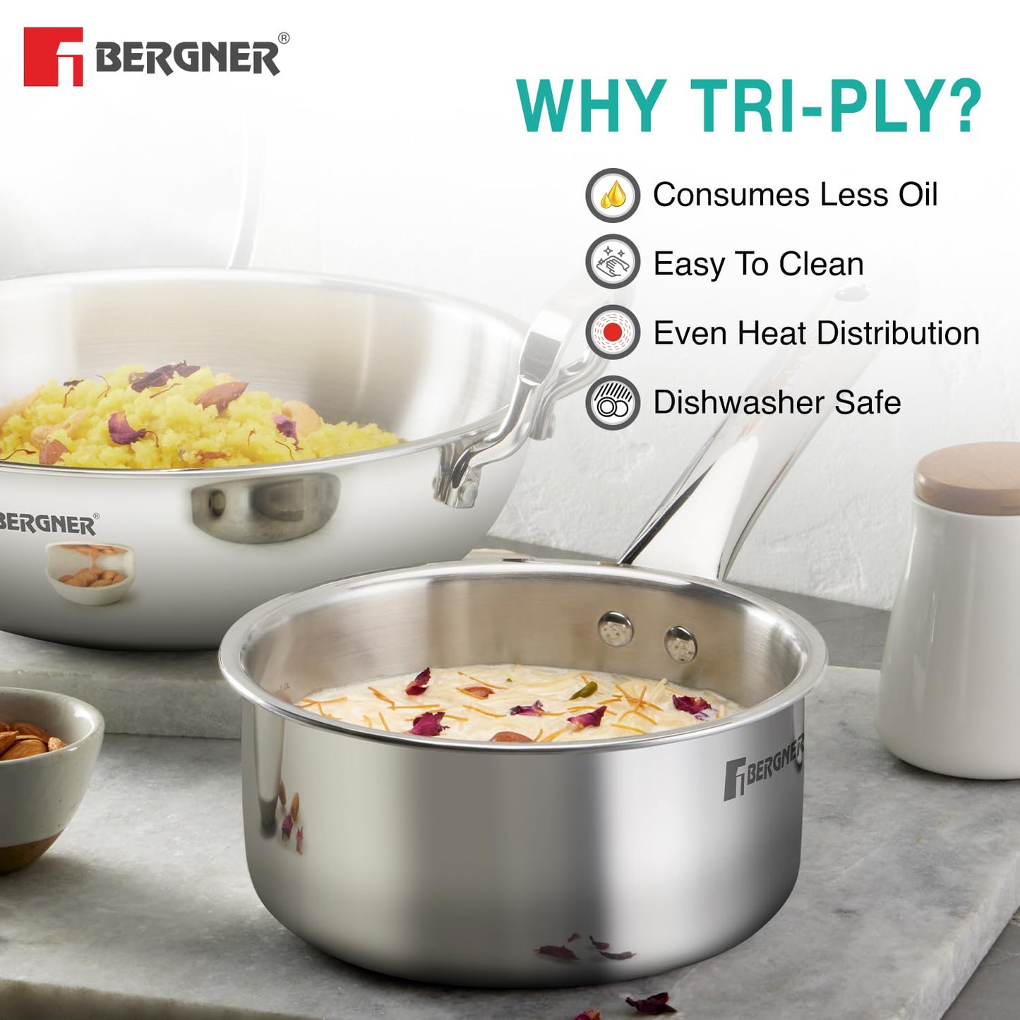 Bergner TriPro 3 Pcs Tri-Ply Stainless Steel Induction Bottom Cookware Set - 22cm (2L) Kadai and 22cm (1L) Frypan, 14cm (1.1L) Teapan, Less Oil Use, Easy to Clean - Induction and Gas Stove Ready