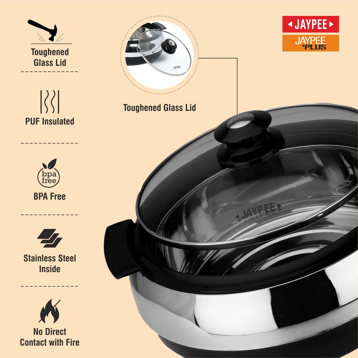 Jaypee Glasserol Serving Casserole Set of 3 Inner Stainless Steel Toughened Glass Lid PUF Insulated Hot Box | Roti Box | Easy to carry | Food Grade | Stackable | 800,1200,1700 ml, Black