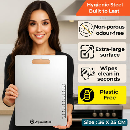 OrganizeMee Stainless Steel Chopping Board Large for Kitchen - Premium Cutting Board Vegetable and Fruit Cutter Chopper, Heavy-Duty Metal Chopping Board, Big Size Pad (36 cm X 25 cm)