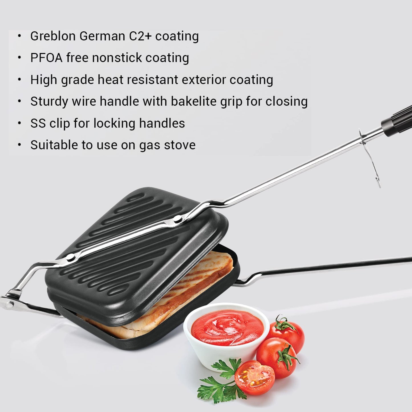 MILTON Pro cook Premium Non-Stick Sandwich Griller | Compatible with Gas Stoves | Sandwich Griller and Toaster | Heat-Resistant Bakelite Handle | Durable & Easy to Use Sandwich Maker 14cm, Black
