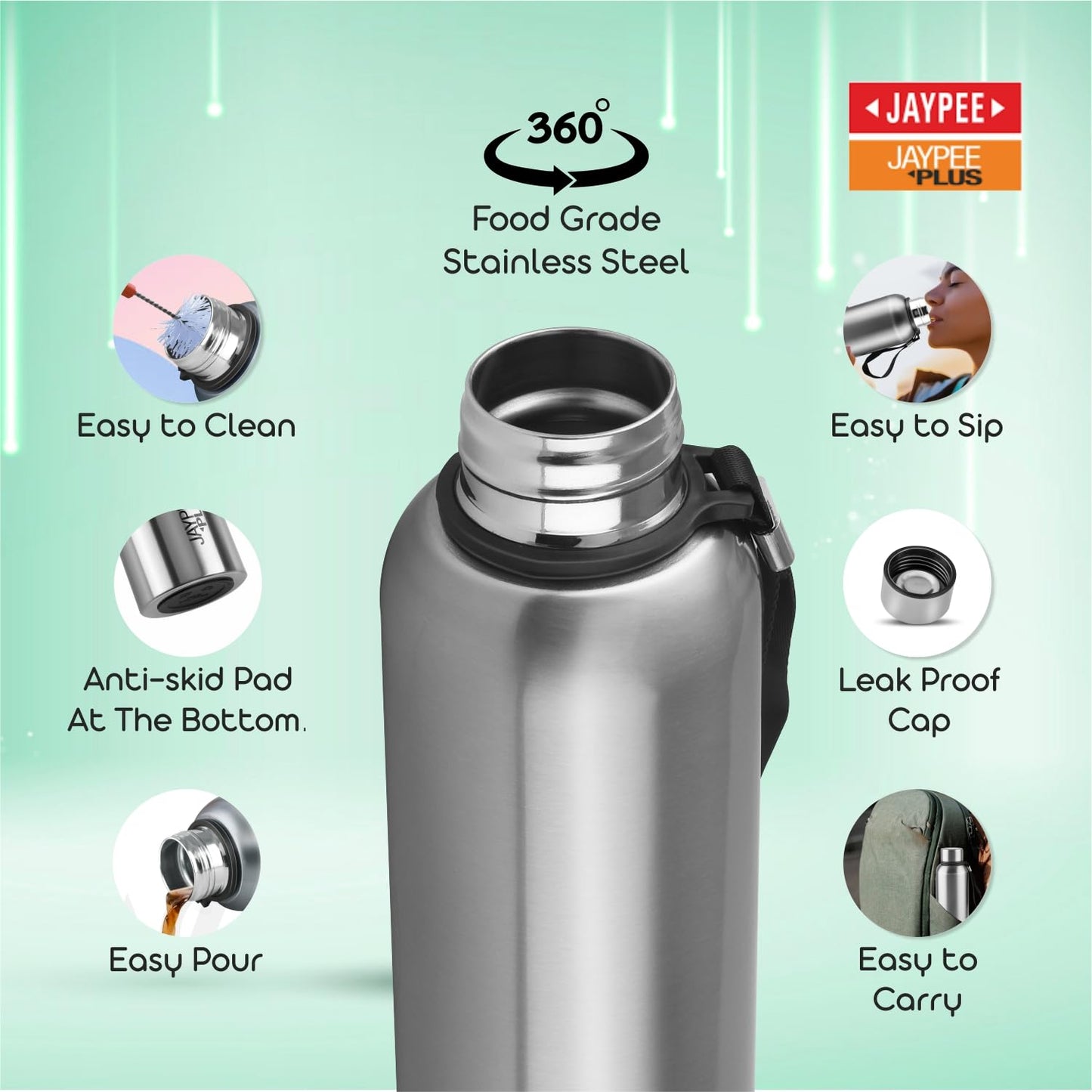 Jaypee Plus Alpha Vaccum Insulated Double Wall Thermosteel Flask 1000 ml Water Bottle ISI Certified 24 Hours Hot and Cold Water Bottle for School,Office,Gym, Leakproof, Rustproof Steel Bottle,Black