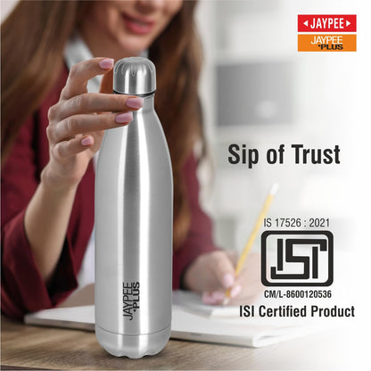 Jaypee Plus Alpha Vaccum Insulated Double Wall Thermosteel Flask 1000 ml Water Bottle ISI Certified 24 Hours Hot and Cold Water Bottle for School,Office,Gym, Leakproof, Rustproof Steel Bottle,Black