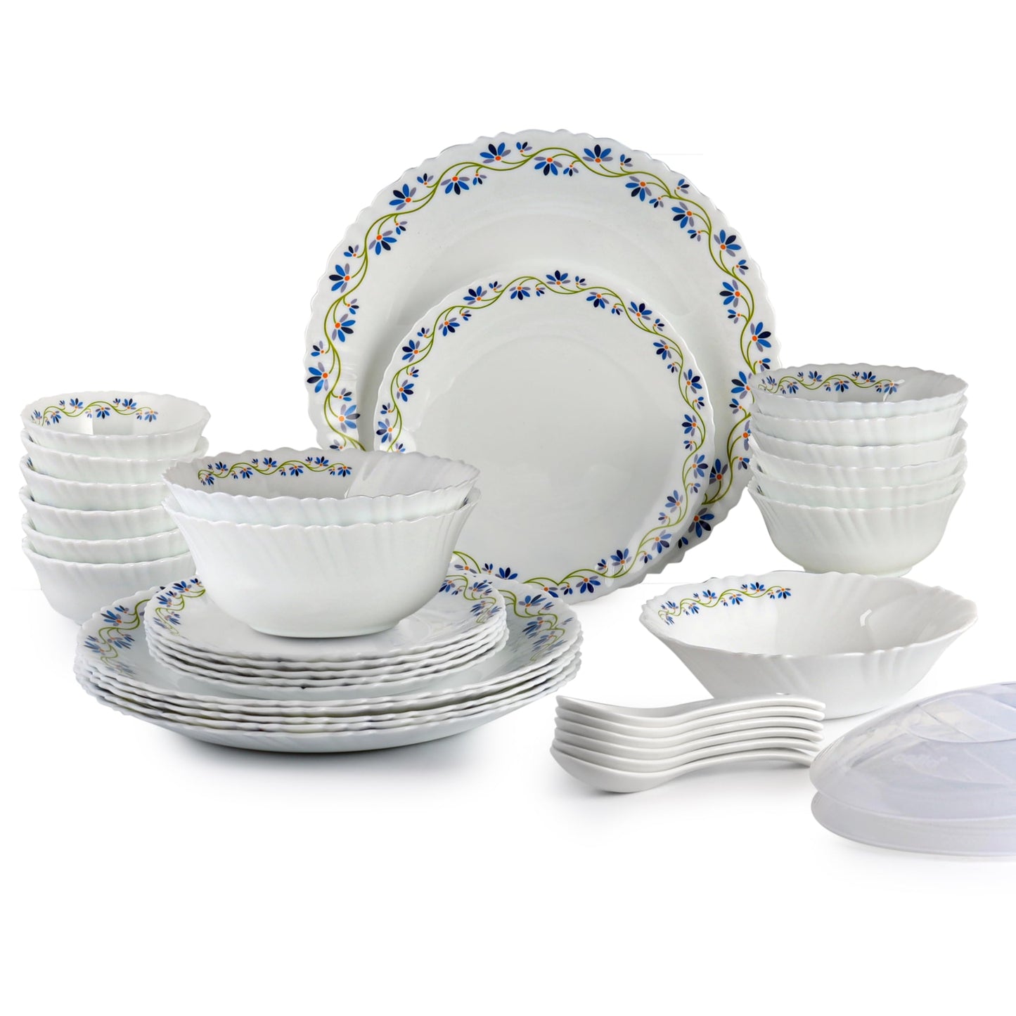 Cello Opalware Dazzle Series Morning Glory Dinner Set, 35 Units | Opal Glass Crockery for 6 | Microwave & Dishwasher Safe | Light-Weight & Thermal Resistant | Crockery Set for Dining & Gifting