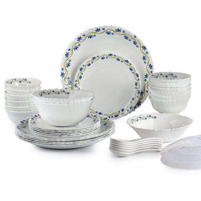 Cello Opalware Dazzle Series Morning Glory Dinner Set, 35 Units | Opal Glass Crockery for 6 | Microwave & Dishwasher Safe | Light-Weight & Thermal Resistant | Crockery Set for Dining & Gifting