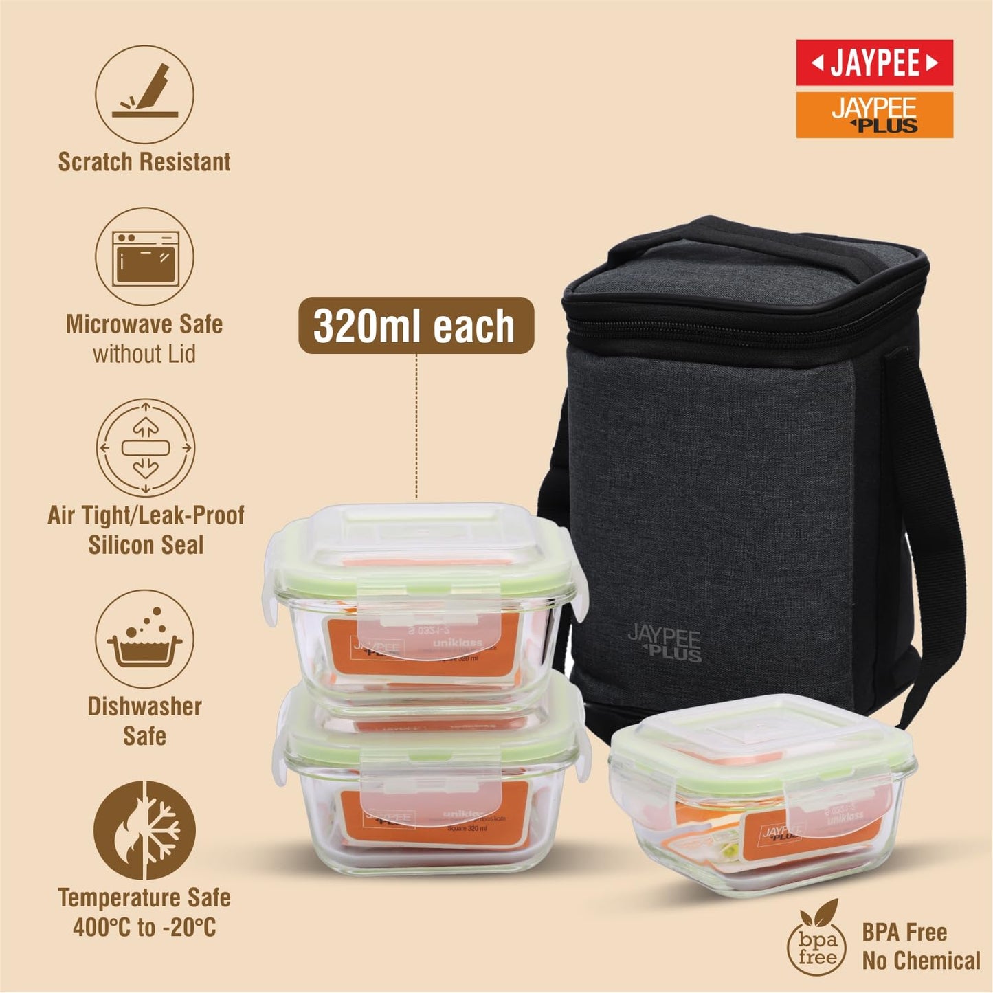 Jaypee Plus Klarozip Square 3 Microwave Safe Lunch Box for Office Glass Container Set of 3 (320+320+320) ml Transparent Container Leak Proof Tiffin Box