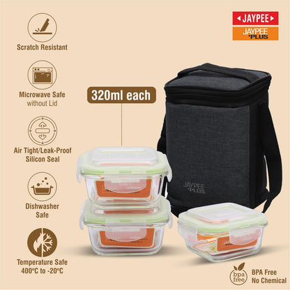 Jaypee Plus Klarozip Square 3 Microwave Safe Lunch Box for Office Glass Container Set of 3 (320+320+320) ml Transparent Container Leak Proof Tiffin Box