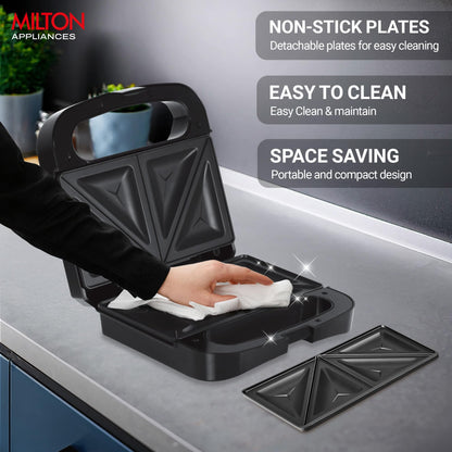 Milton Sandwich Maker HSM011, Sandwich Griller and Toaster, 750 Watt Sandwich Maker Electric Griller for Home, Non Stick Coated Dual Grill Sandwich Plates for Sandwiches, 2 Year Warranty, Black