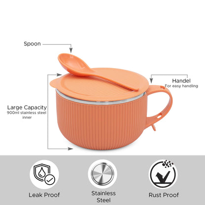 Jaypee Plus Stainless Steel Soup Bowl with Lid & Spoon Holder Souptok, Maggi Bowl Noodles Pasta Bowl, Mug for Milk, Best Diwali Gift, Mug for Kids, Girls, Boys, Birthday, Ivory 700 ml