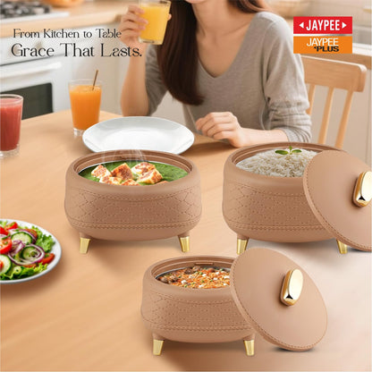 JAYPEE Kingston Stitched Leather Luxurious Outer & Inner Stainless Steel Casserole Set of 3 with Lid (1500+2000+2500) ml PUF Insulated Hot Box for Kitchen Roti Box Hot Pot Serving Casserole,White
