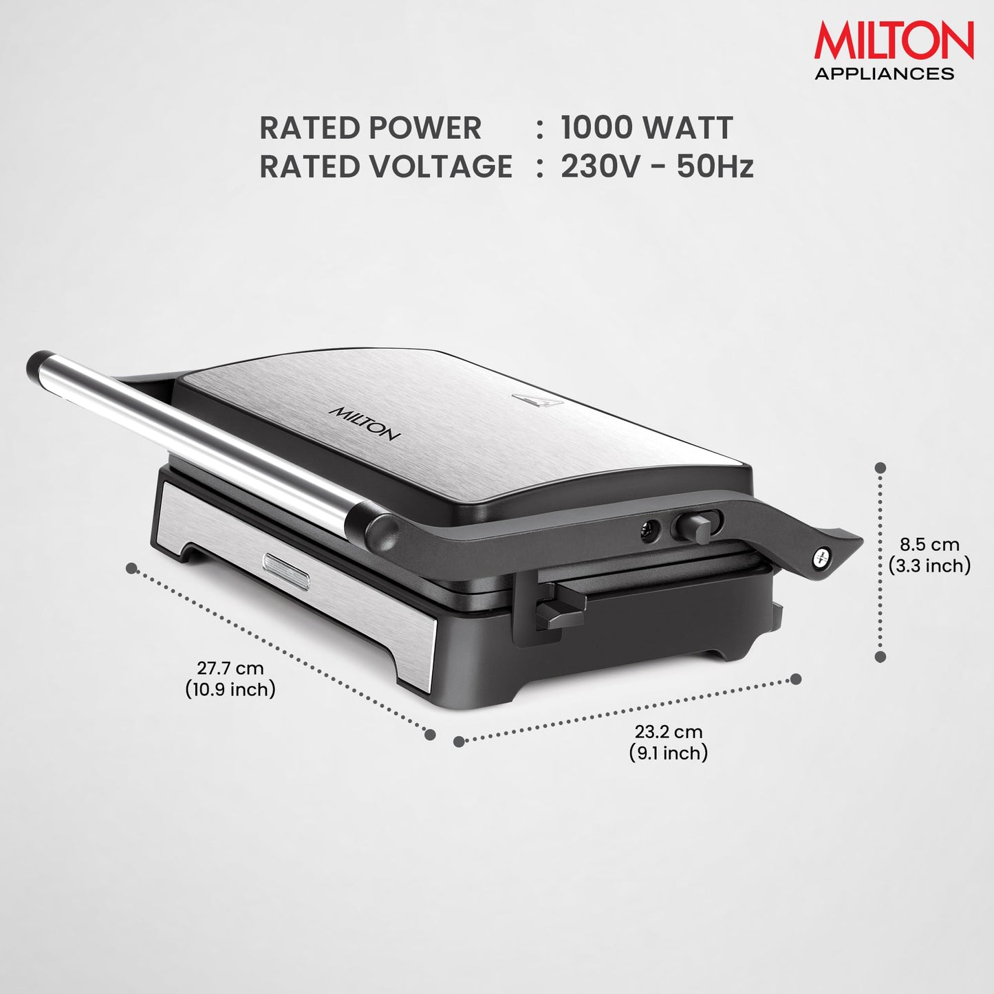 Milton Insta 1000 Watt Grill Sandwich Maker | Electric Toaster and Sandwich Griller | Non Stick Coating Grill Plates | Auto Cut off & Power Indicator | 2 Year Warranty | Silver